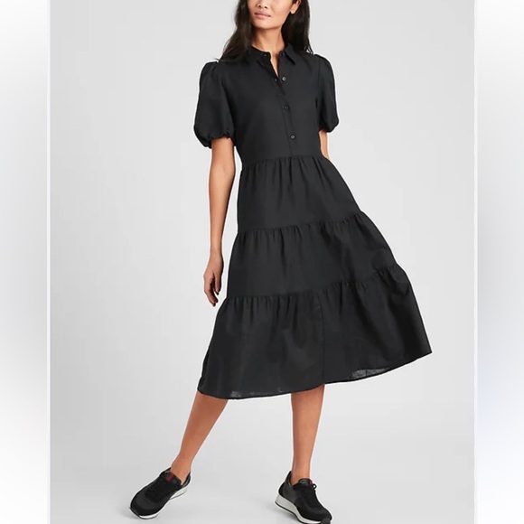 Banana Republic Factory Linen Blend Black Puff Sleeve Tiered Hem Midi Dress XXSP - Picture 1 of 9
